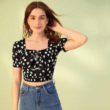 Romwe Heart Print Tie Neck Crop Blouse