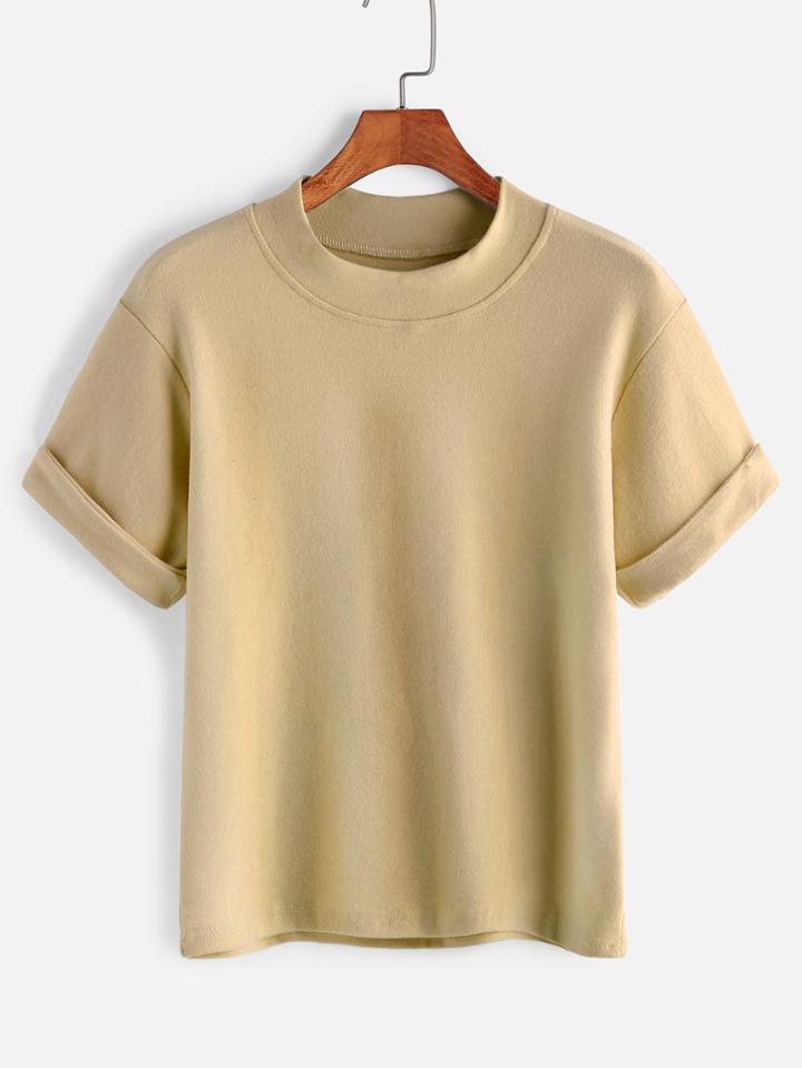 Romwe Apricot Cuffed Basic T-shirt