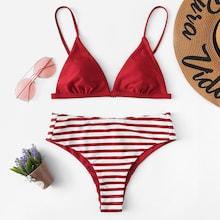 Romwe Triangle Top With Striped Bikini Set