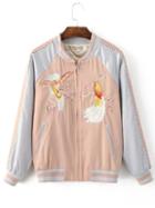 Romwe Pink Crew Neck Bird Embroidery Pocket Jacket