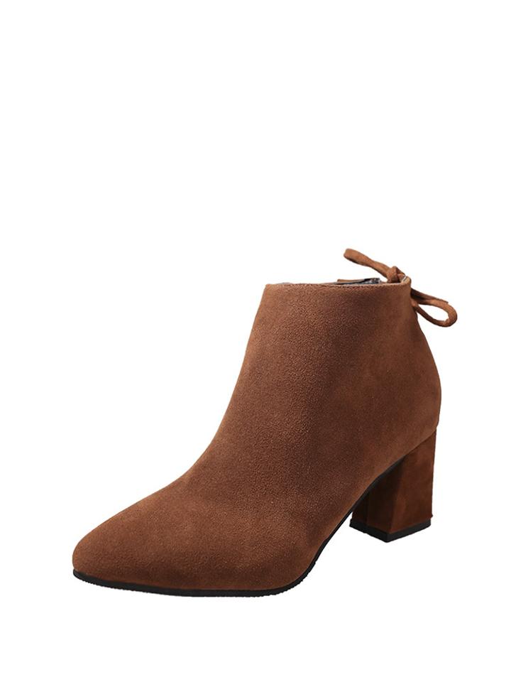 Romwe Bow Detail Side Zipper Chunky Heel Ankle Boots