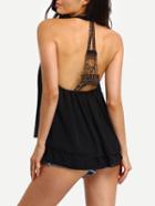 Romwe Crochet Panel Layered Black Chiffon Racer Top