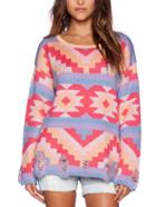Romwe Geometric Print Ripped Sweater