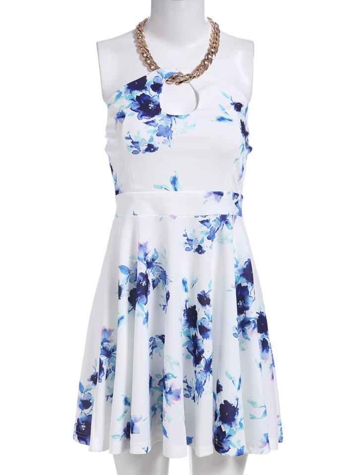Romwe Halter Backless Flower Print Pleated Dress