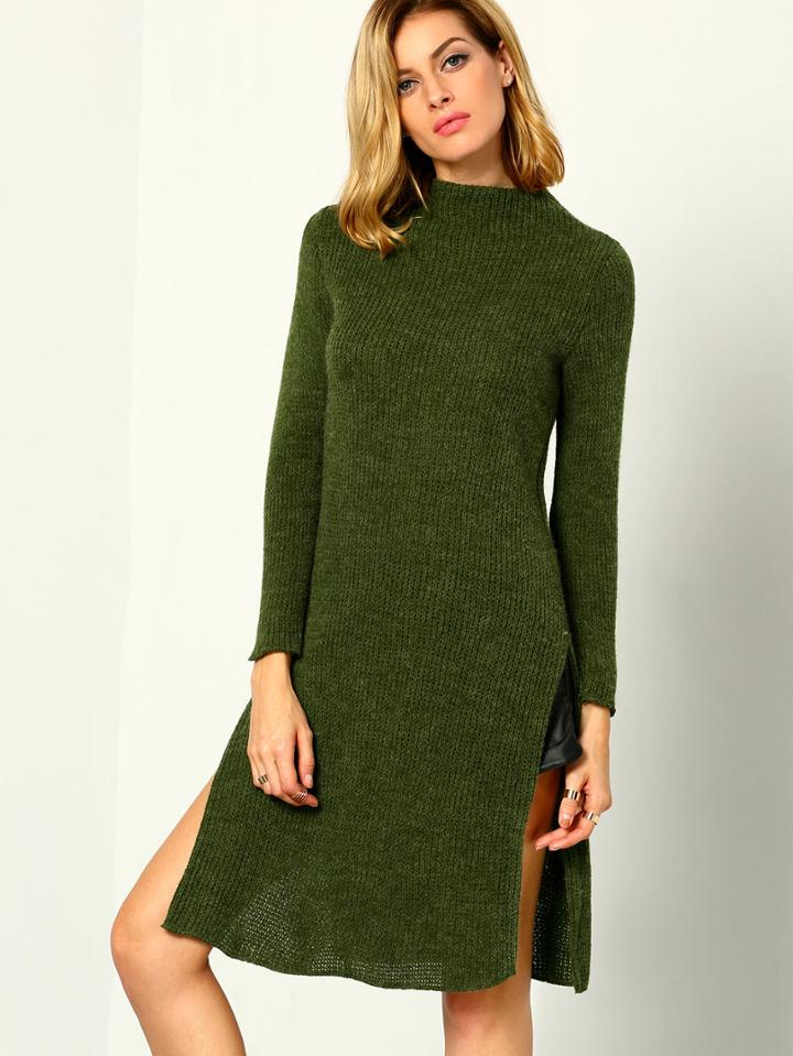 Romwe High Neck Slit Long Sweater