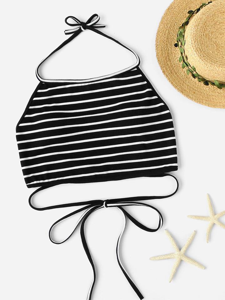Romwe Halterneck Striped Lace-up Self Tie Open Back Top