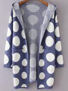 Romwe Blue Polka Dot Hooded Cardigan With Pockets