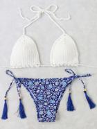 Romwe White Floral Print Knit Bikini Set With Tassel