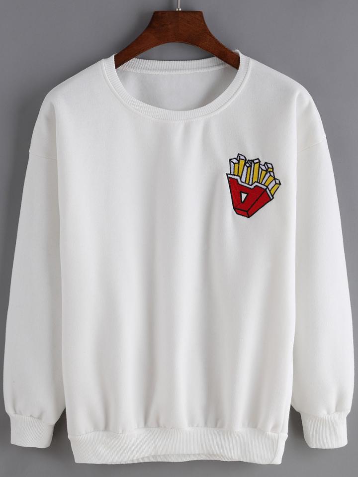 Romwe Round Neck Fries Embroidered Sweatshirt