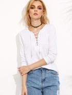Romwe White Lace Up Curved Hem T-shirt