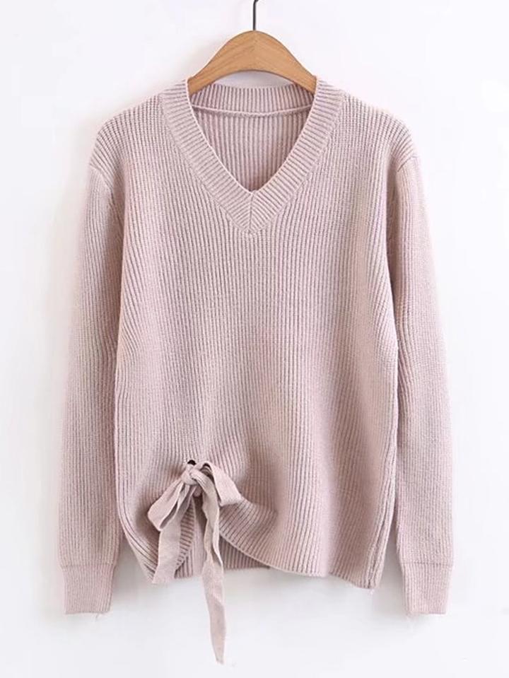 Romwe Ribbed Trim Knot Hem Sweater