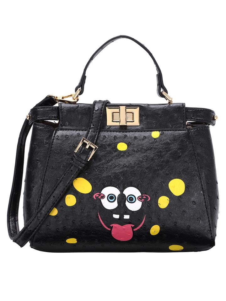 Romwe Faux Ostrich Leather Printed Turnlock Black Handle Bag