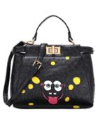Romwe Faux Ostrich Leather Printed Turnlock Black Handle Bag