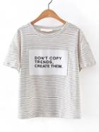 Romwe Pale Grey Striped Patch Detail T-shirt