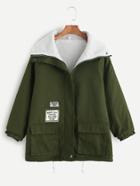 Romwe Army Green Raglan Sleeve Sherpa Lining Patches Coat