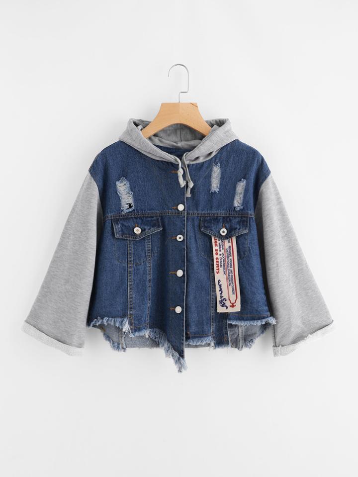 Romwe Print Back Contrast Sleeve Frayed Hem Denim Jacket