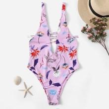 Romwe Random Flower Print Crisscross Plunging One Piece Swimsuit
