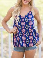 Romwe Blue Spaghetti Strap Geometric Print Cami Top