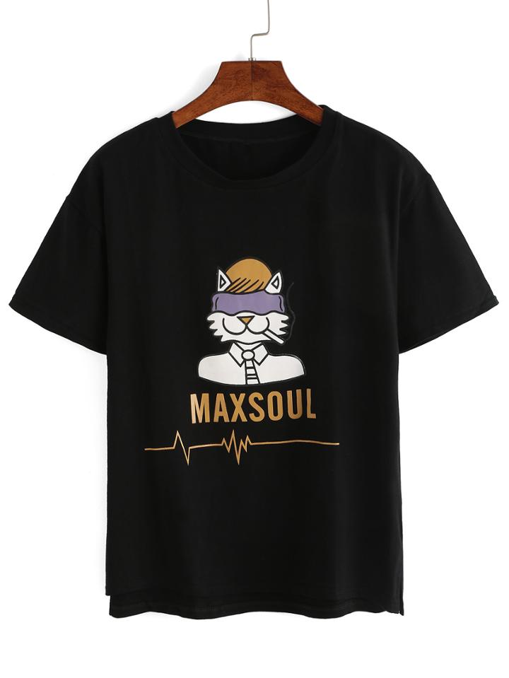 Romwe Cartoon Print High-low T-shirt