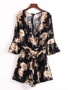 Romwe Bell Cuff Tie Waist Wrap Floral Playsuit