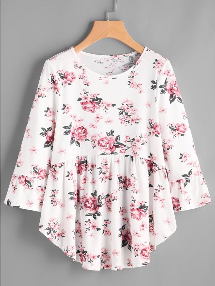 Romwe Rose Print Curved Smock Tee