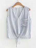 Romwe Vertical Striped Knot Front Sleeveless Blouse