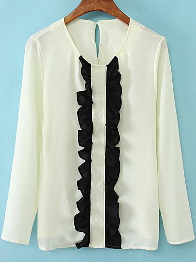 Romwe White Round Neck Contrast Ruffle Blouse