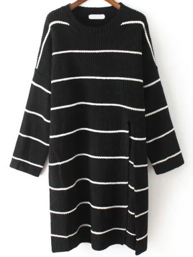 Romwe Crew Neck Striped Split Black Sweater Dress