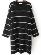 Romwe Crew Neck Striped Split Black Sweater Dress