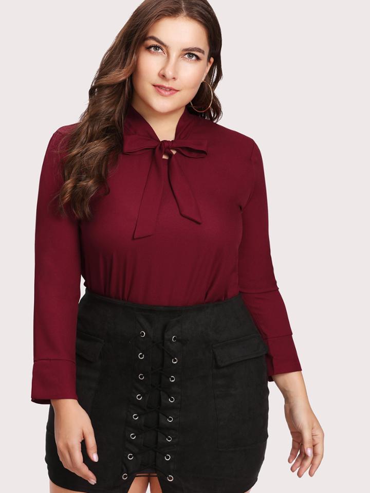 Romwe Bow Tie Neck High Low Slit Side Blouse