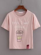 Romwe Coffee Print Pink T-shirt