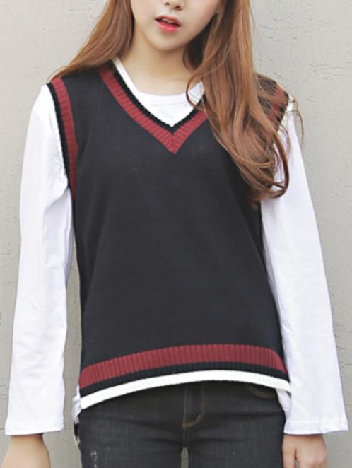 Romwe Dip Hem V Neck Striped Black Vest Sweater