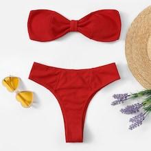 Romwe Ribbed Knot Front Bandeau With High Cut Bikini