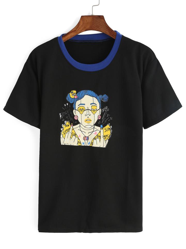 Romwe Contrast Cartoon Print Black T-shirt