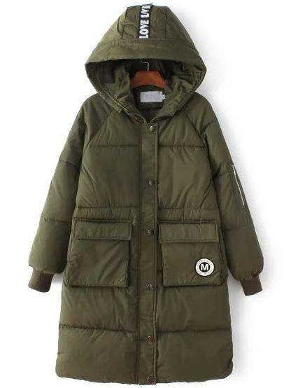 Romwe Army Green Zipper Detail Front Pocket Padded Coat