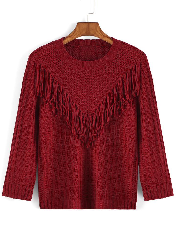 Romwe Round Neck Tassel Burgundy Sweater