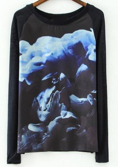 Romwe Floral Loose Black T-shirt