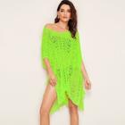 Romwe Neon Green V Neck Slit Hem Crochet Cover Up