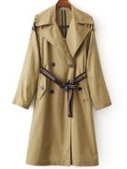 Romwe Khaki Double Breasted Trench Coat With Belt