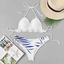 Romwe Crochet Top With Leaf Print Bikini Set