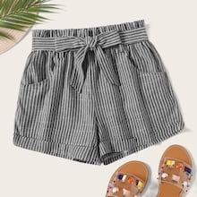 Romwe Striped Self Tie Shorts