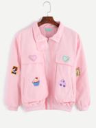 Romwe Pink Embroidered Patches Pocket Zipper Jacket