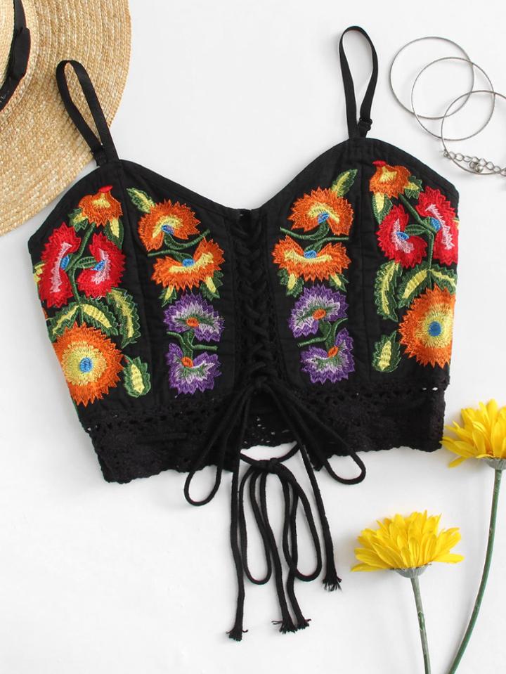 Romwe Crochet Hem Lace Up Embroidered Crop Top