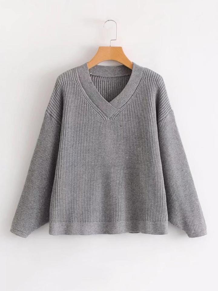 Romwe V Neck Rib Knit Sweater
