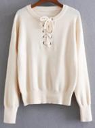 Romwe Beige Ribbed Trim Eyelet Lace Up Knitwear