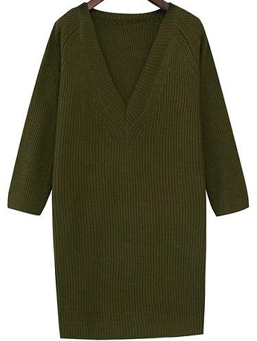 Romwe V Neck Dark Green Sweater Dress