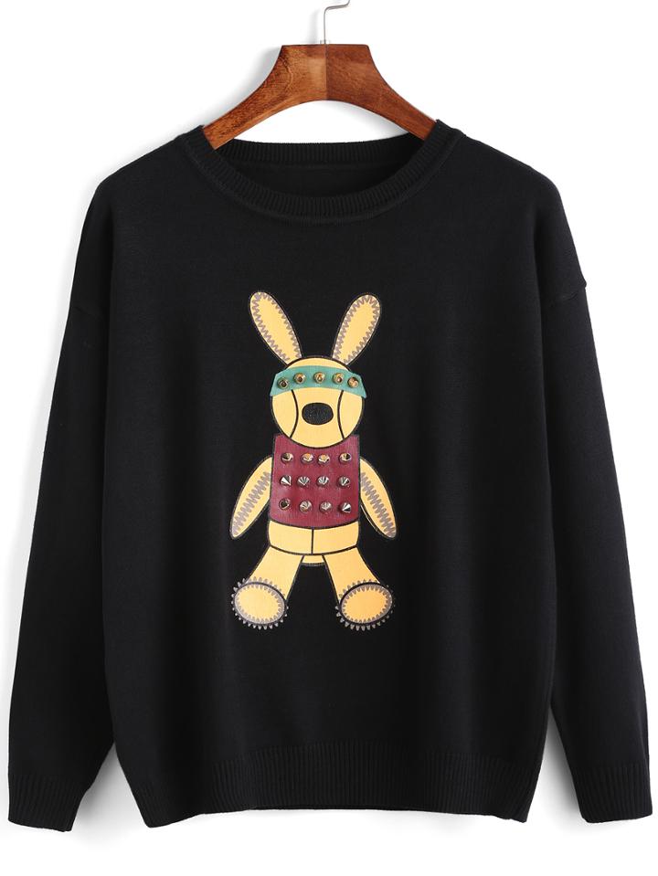 Romwe Crew Neck Cartoon Print Rivet Black Sweater
