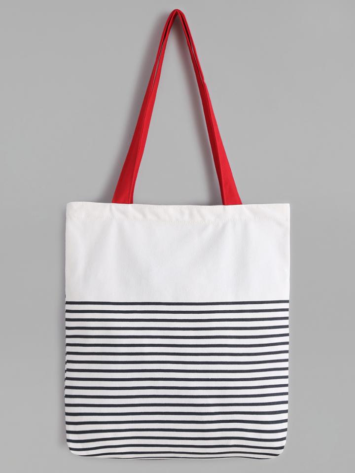 Romwe White Striped Canvas Tote Bag With Red Strap