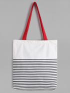 Romwe White Striped Canvas Tote Bag With Red Strap