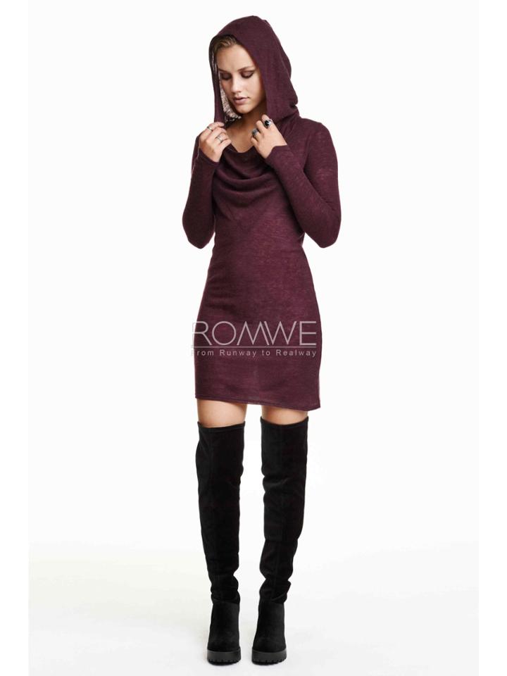 Romwe Burgundy Hooded Draped Front Dress